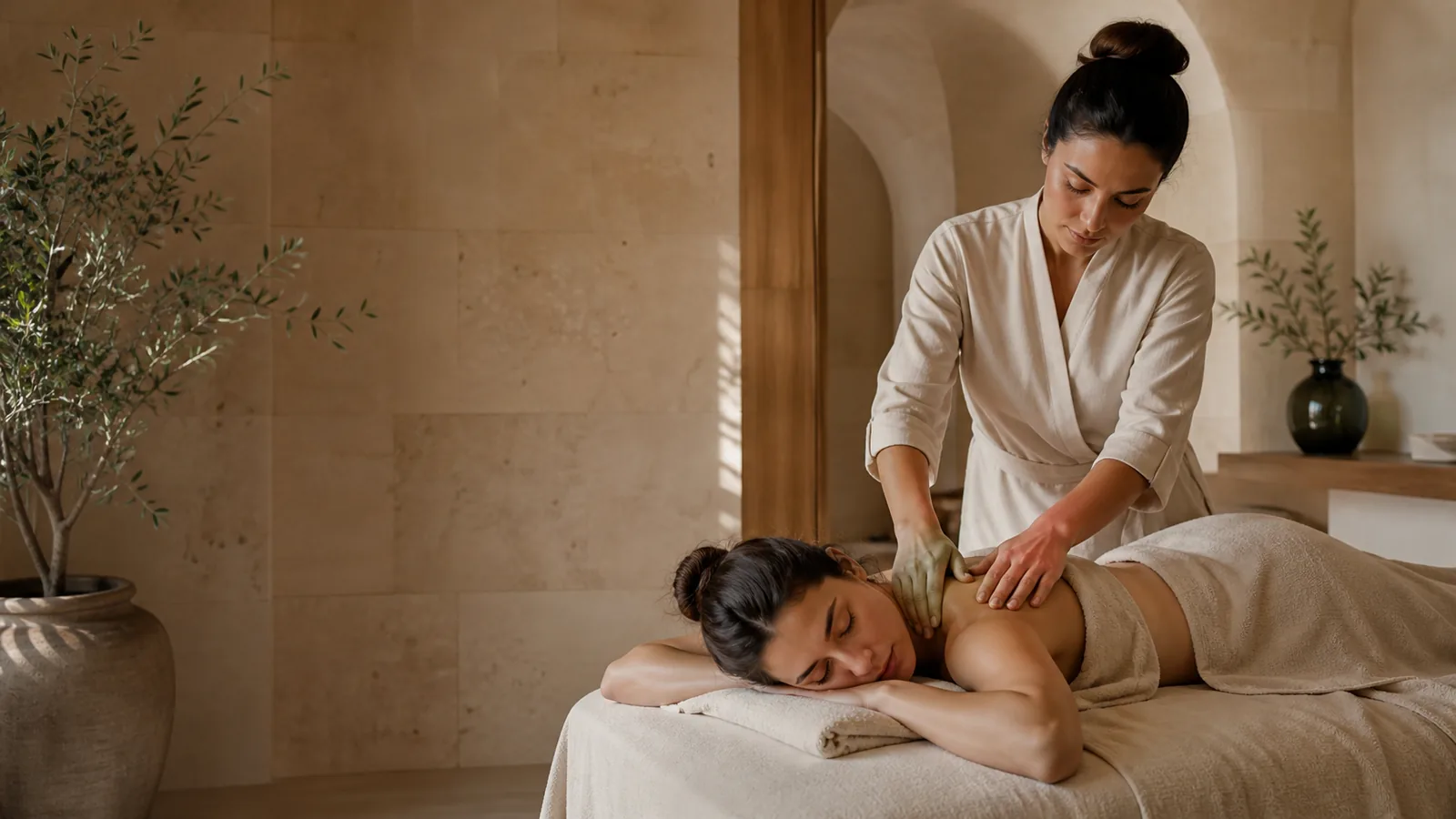 Sakin bir spa ortamında profesyonel omuz masajı